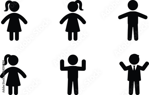 Six simple icons of people with different poses and attire variations