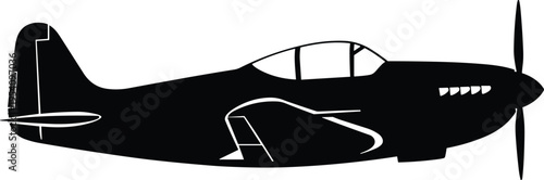 Vintage propeller fighter aircraft silhouette side view vector illustration isolated for aviation history military aviation and classic warplane design use
