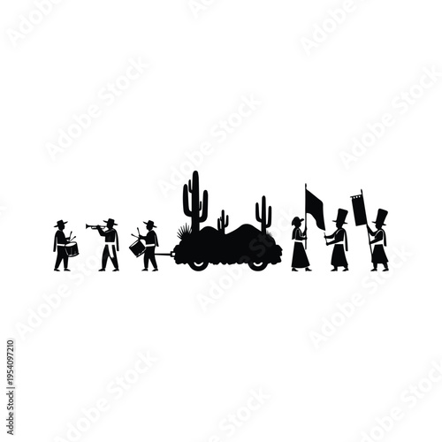 Vintage parade procession with musical instruments and flags in desert setting