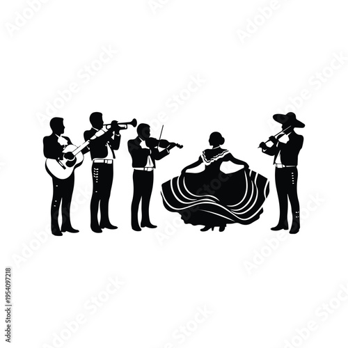 Traditional mariachi band performing with a dancing woman in colorful attire