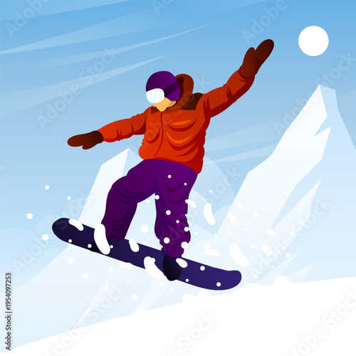 snowboarder jumping on the mountain