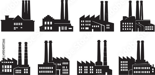 Eight industrial factory silhouettes on white background buildings chimneys