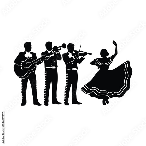 Traditional mariachi musicians and dancer performing together