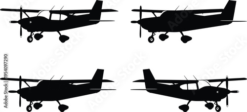Light aircraft silhouettes set featuring single engine propeller airplanes in multiple side views isolated for general aviation transport and pilot training design