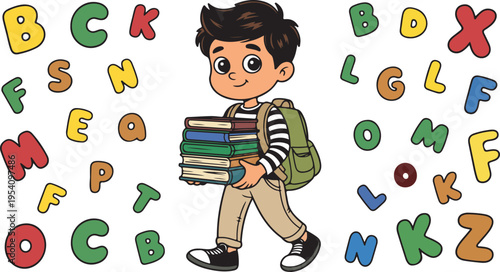 A happy young cartoon boy walks carrying a stack of colorful school books with scattered letters