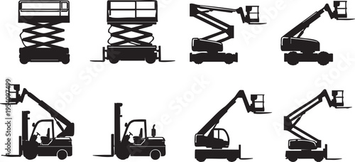 Eight silhouette style industrial construction machines scissor lifts