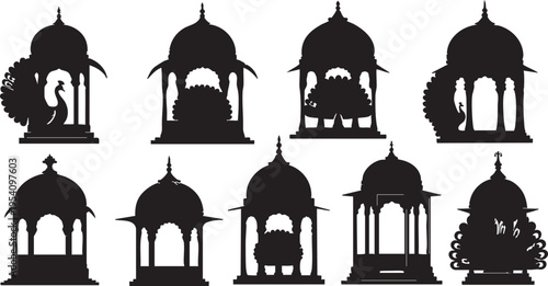 Eight Silhouette Style Peacocks Under Domed Pavilions peacock silhouettes black silhouettes