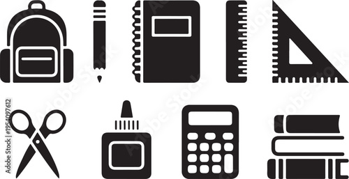Essential black silhouette icons for school supplies including a backpack pencil notebook and calculator