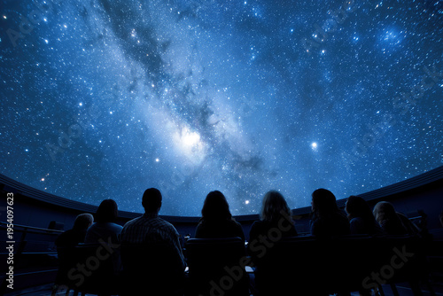 Visitors watch a star show under a dome at a planetarium while learning about space and the universe