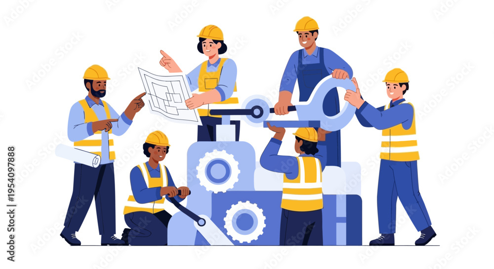 Fototapeta premium Diverse Engineering and Construction Team Collaboration Building Project. Teamwork, Development, Industry, and Technical Work Concept.