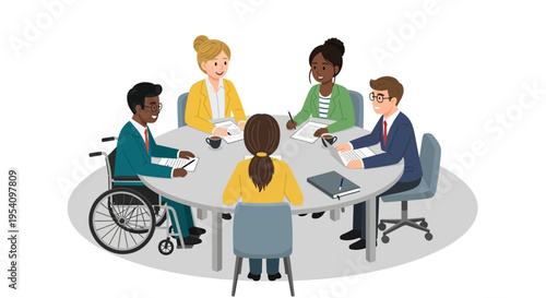 Diverse Business Team Meeting Around Table, Including Person in Wheelchair - Inclusive Workplace Collaboration Illustration
