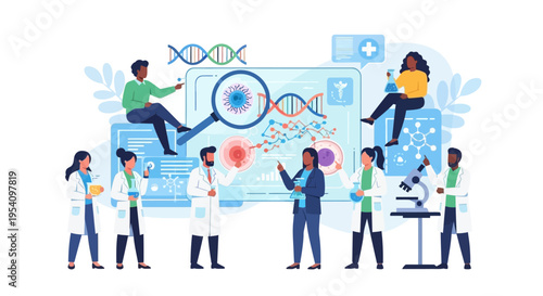 Biotechnology & Genetic Research Team at Work: Scientists Analyzing DNA, Cells, and Data in a Modern Lab Environment