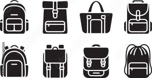 Variety of black silhouette icons showing different styles of backpacks, rucksacks, and travel bags