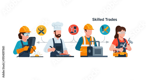 Skilled Trades Professions Illustration: Diverse Workers, Vocational Training, and Essential Career Paths in Modern Industry