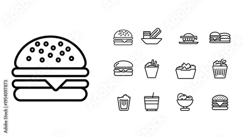 American Diner Icon Set with Cheeseburger, Milkshake and Fast Food Elements