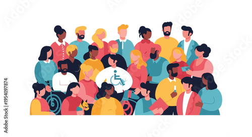 Diverse and Inclusive Community Vector Illustration: Multicultural People with Varied Backgrounds, Ages, and Abilities for Global Unity and Equality