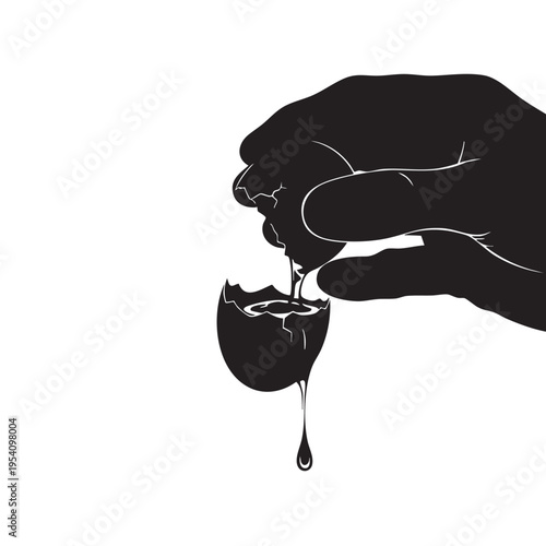 Black silhouette hand crushing an egg with yolk dripping out symbolizing destruction mess or breaking fragility isolated on white background vector illustration