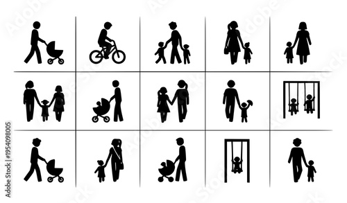 Parent and child activity icon pack with strollers, bike teaching, swinging, and hand-holding in black silhouette vector