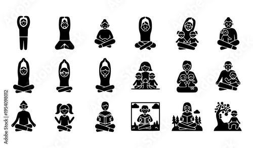 Family wellness icon pack with stretching, meditation, reading, and nature activities for parents, kids, and grandparents black silhouette vector
