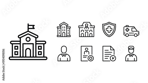 Government Services Icon Set with Public Administration, Courthouse, Emergency and Healthcare Symbols