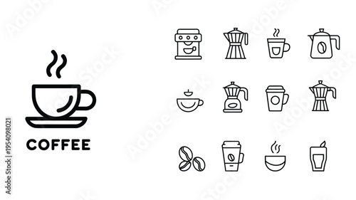 Coffee Outline Icon Set with Cafe Drinks, Barista Tools and Brewing Equipment
