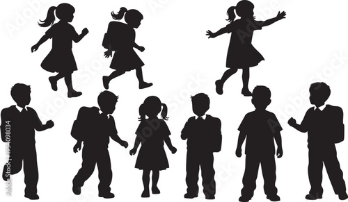 Eight stylized silhouette children running walking jumping in school uniform silhouettes