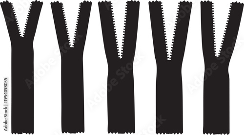 Five black zipper silhouettes on white background five zippers