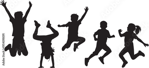 Five children jumping silhouettes on white background kids playing