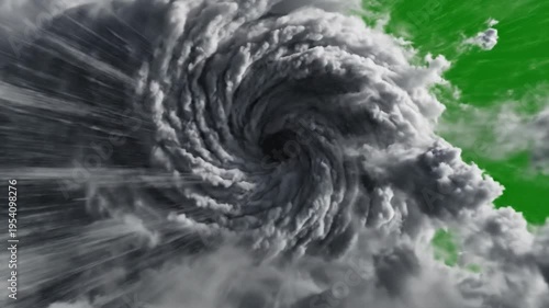 Massive swirling hurricane storm vortex with debris on green screen background