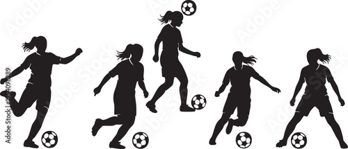Five female soccer players in black silhouette playing soccer with balls silhouettes white background