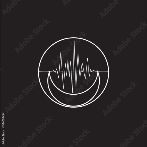Waveform logo with white lines on black background, circular shape and crescent design featuring sound wave, audio, music with technology and digital