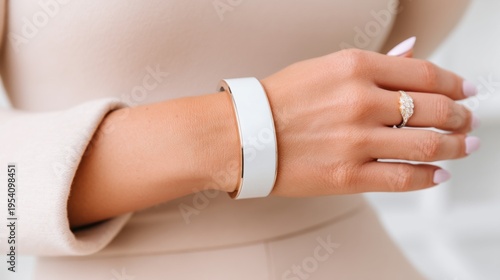 menopause tech, hot flash relief, femtech, wearable cooling concept, close up of a woman wrist wearing a sleek white ceramic cooling bracelet, modern lifestyle