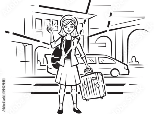Woman traveler standing with luggage and waving hand in front of a building and car, with a cityscape background