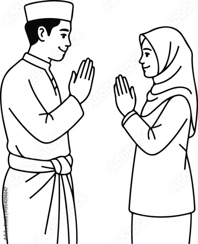 Muslim Malay couple in traditional clothing performing a respectful greeting gesture for Eid al-Fitr celebration celebration line art vector.