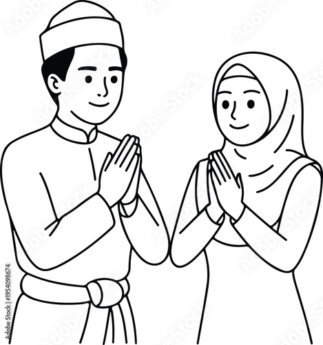 Muslim Malay couple in traditional clothing performing a respectful greeting gesture for Eid al-Fitr celebration celebration line art vector.
