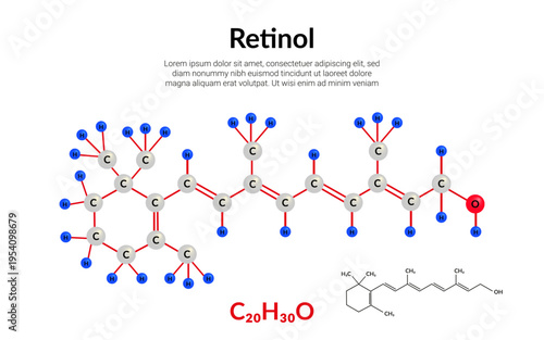 Vitamin A or retinol molecular structure formula, ball-and-stick model, suitable for education or chemistry science content. Vector illustration