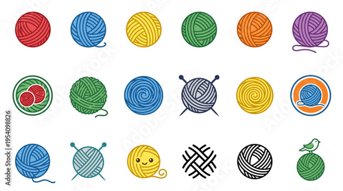 Collection of colorful yarn balls in various designs, some with knitting needles and a bird.