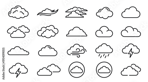 Collection of twenty cloud icons, varying in shapes and weather conditions, isolated on a white background.