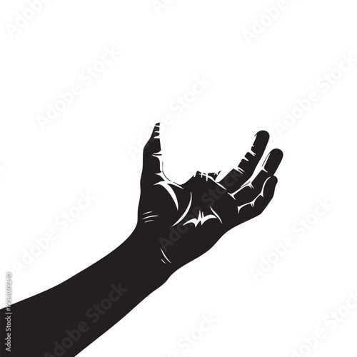 Black silhouette outstretched human arm with open hand gesture symbolizing giving receiving offering presenting or holding something