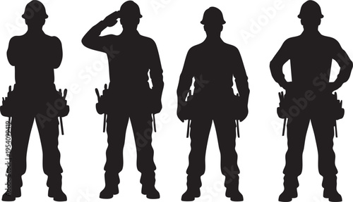Four construction worker silhouettes in different poses wearing hard hats and tool belts
