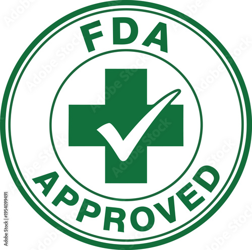 Fda approved seal emblem for medical products and drugs with green cross and check mark symbol.