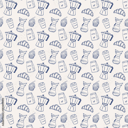 Seamless for Coffee shop, modern hand drawn sketch style pattern. Seamless of coffee accessories and sweets