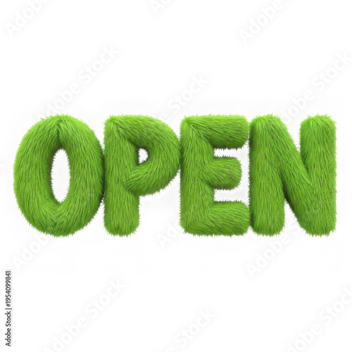 A vibrant and bold green sign with the word open written in a playful font. isolated on transparent background