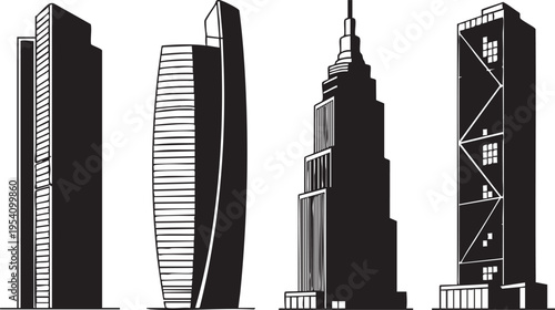 Four modern skyscraper silhouettes in black and white skyscrapers buildings cityscape