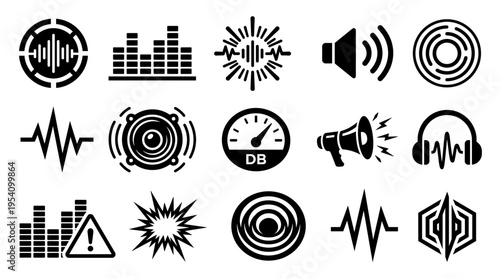 Collection of black and white audio icons representing sound and music elements.