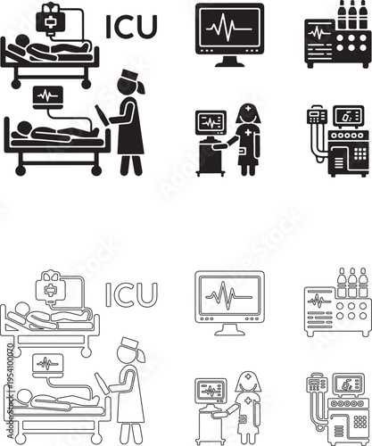  Intensive care unit scene with healthcare team monitoring patient vitals on ECG display. Nurse managing medical equipment and life support systems..eps