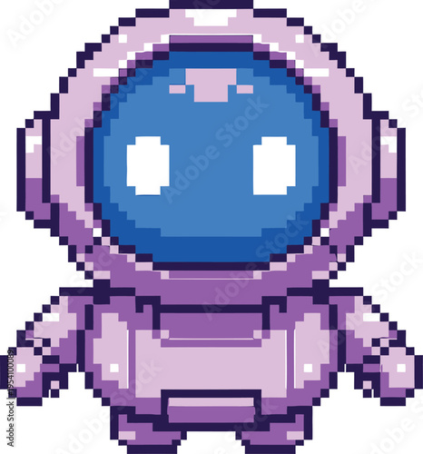 Pixel art astronaut character in purple spacesuit standing on transparent background