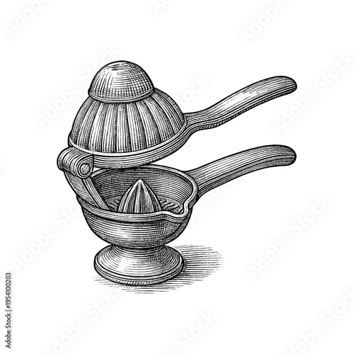 Antique Citrus Juicer engraving illustration. Scratchboard imitation. Black and white image. flat vector