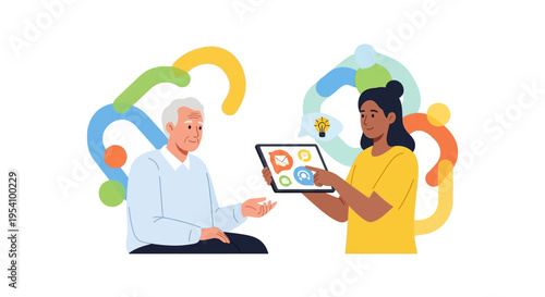 Intergenerational Digital Literacy: Young Woman Explaining Tablet Use to Senior Man