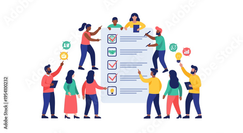 Team Collaboration and Project Management: Diverse Business Group Completing Tasks on a Checklist, Achieving Goals. Flat Vector Illustration.